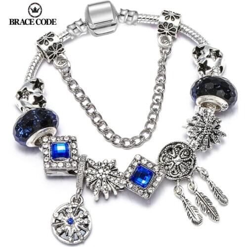 BRACE CODE Original Blue Classic Fine Bracelet Bangle DIY Starry Beadswith Crystal Charm Bracelet for Women Gift