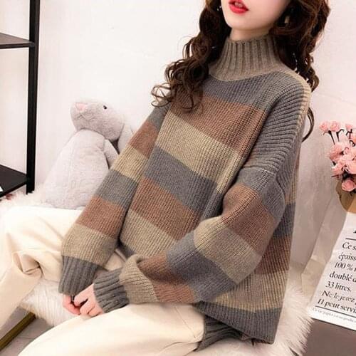 2021 Autumn Winter Loose Half Turtleneck Pullovers Women Striped Knitted Casual Long Sleeve Warm Female Sweaters Jumper Tops 2XL