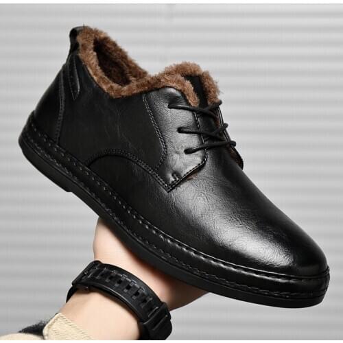 Luxury Leather Shoes Men Formal Dress Fashion Oxfords Autumn Winter Warm shoes Lace-up Outdoor Mens Plus Velvet Shoes