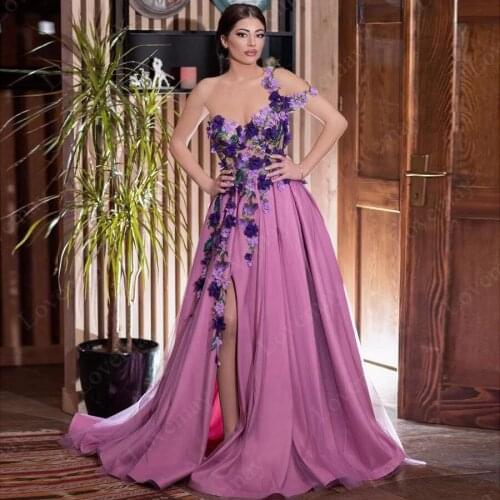 Saudi Arabia One Shoulder Mermaid Evening Dresses 2021 3D Flower Sexy High Slit Dubai Arabic Formal Prom Party Gowns Custom Made