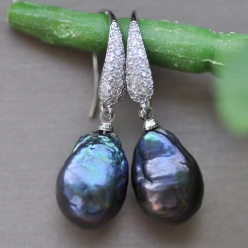MTC·STAR Z10278 16mm Baroque Drop Black Edison Keshi Pearl Dangle Earring CZ
