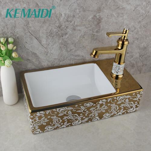 KEMAIDI Sink Hot Cold Water Mixer +Bathroom Washbasin Above Counter Basin European Ceramic Sink Art Basin Gold Wash Basin Square