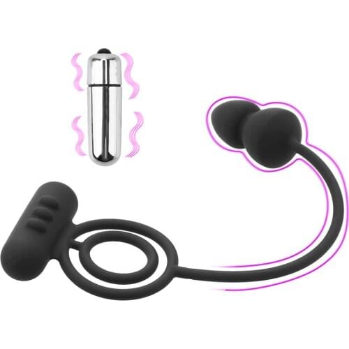 Vibrating Penis Ring Anal Butt Plug Silicone Double Cock Ring Penis Delay Ejaculation Climax Male Prostate Massager