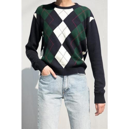 Vintage stylish geometric rhombic pullover sweater women 2020 fashion spring and autumn long sleeve outerwear england style tops