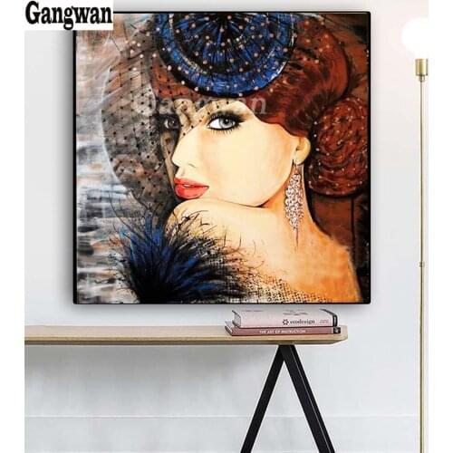 Full square diamond painting beautiful hat woman full diamond embroidery 5D rhinestone mosaic diamond European classical girl