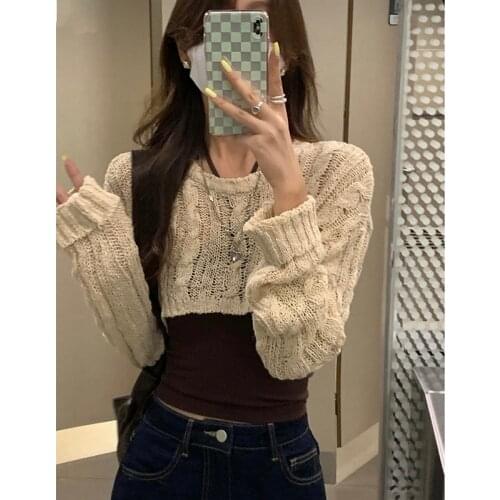 Y2k Knitted Blouse Women Casual Long Sleeve Crop Tops Ladies 2021 Autumn Korean Fashion Short Sweater Female Thin Pullover Chic