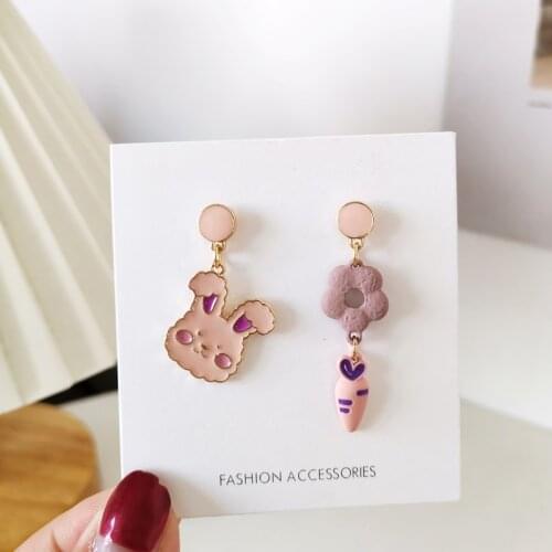 S925 needle Cute pink rabbit earrings flower carrot asymmetric earrings for women