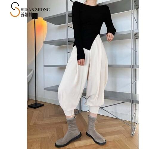 Women Trousers Female Pants Long 2021 Spring Summer Elegant Office Minimalist Loose Bloomer High Waist Zipper Fly Pockets Pleats