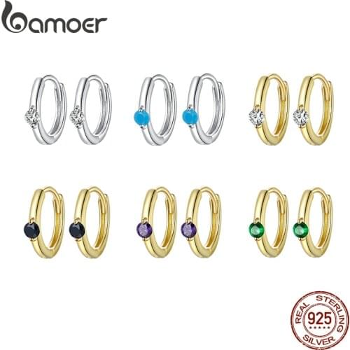 Bamoer Colorful Huggie Earrings for Women 6 Colors available 925 Sterling Silver Gold Color Hypoallergenic Jewelry SCE1050