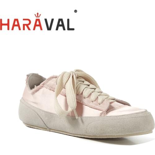 HARAVAL lace up sneakers for women flat casual shoes pink white leather breathable comfortable footwear fashion E97L