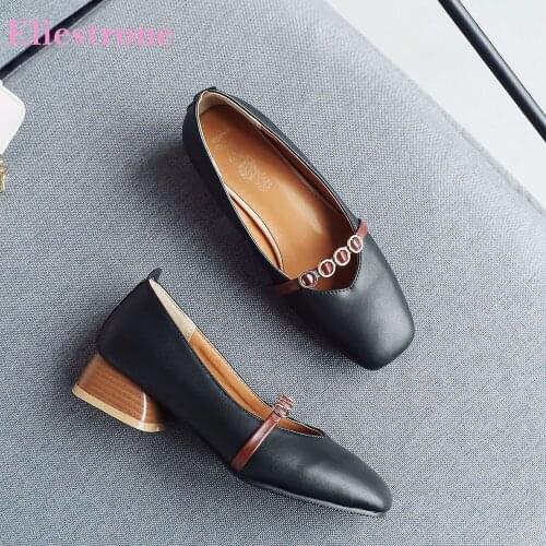 Brand New Sweet Black Apricot Women Formal Pumps Med Square Heels Lady Leisure Shoes SA23 Plus Big Small Size 11 30 43 46