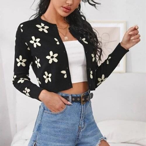 2021 Women Short Knit Cardigan Adults Button-down Embroidered Flower Print Long Sleeve Round Neck Sweater