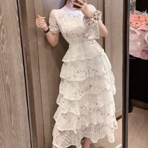 Runway Women Floral Lace Embroidery Party Dress Retro Elegant Fashion O-Neck Short Sleeve Sweet High Waist Long Dress