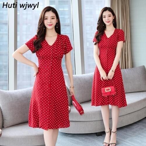 Summer Vintage Chiffon V-neck Sexy Midi Shirt Dress 2021 Korean Women Elegant Dot Bodycon Boho Beach Sundress Party Red Vestidos