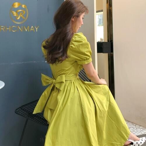 New Fashions Women Puff Sleeve Irregular Vintage Dress Summer Dresses Party Dress Bandage Bow High Waist Formal Midi Dresses