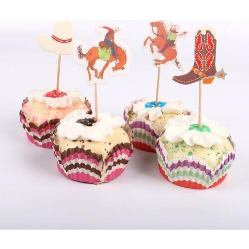 24pcs/lot West Cowboy Cupcake Topper Happy Birthday Party Baby Shower Kids Children Party Cake Decor Supplies Favors
