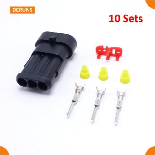 3 Pin 10 Kits Male Waterproof Electrical Wire Connector Plug AMP 282105-1