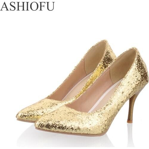 ASHIOFU Handmade Ladies High Heel Pumps Glitter Nubuck Party Prom Dress Shoes Slip-on Fashion Club Daily Wear Court Shoes