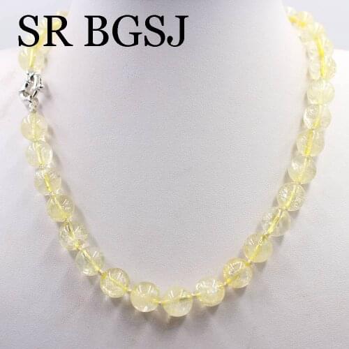 Free Ship 10mm Genuine Citrines Yellow Quartz Handmade Round Beads Knot Women Necklace Strand 17.5"