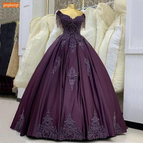 Noble Grape Evening Gowns Off Shoulder Appliqued Beaded Satin Ball Gown Evening Dresses 2020 Custom Made Women Long Formal Dress