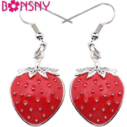 Bonsny Enamel Alloy Cute Strawberry Earrings Dangle Drop Big Long Novelty Tropic Fruits Jewelry For Girls Women Teens Gift Bulk