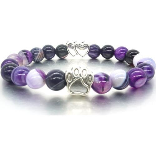 9 Colors 8mm Stripe Natural Stone Striated Beads Bracelets Double Hearts Dog Cat Footprint Paw Bracelet Pet Lover Strand Jewelry