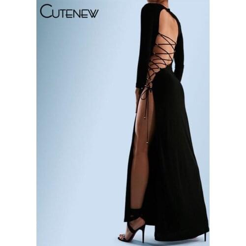 Cutenew Solid Sexy Backless Criss Cross Bandage Long Sleeve Maxi Dress Women Autumn Casual Elegant Side Slit Lady Party Dresses