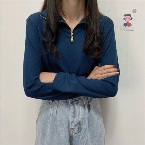 T Shirts For Women Long Sleeve Solid Simple Basic Zipper Casual Tops Female Turtleneck Loose Thin Long Sleeve Tee T-Shirt Femme