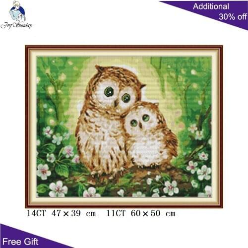 Joy Sunday Two Owls DA468 14CT 11CT Counted and Stamped Owls Mother And Daughter Flowers Home Decor Embroidery Cross Stitch kits