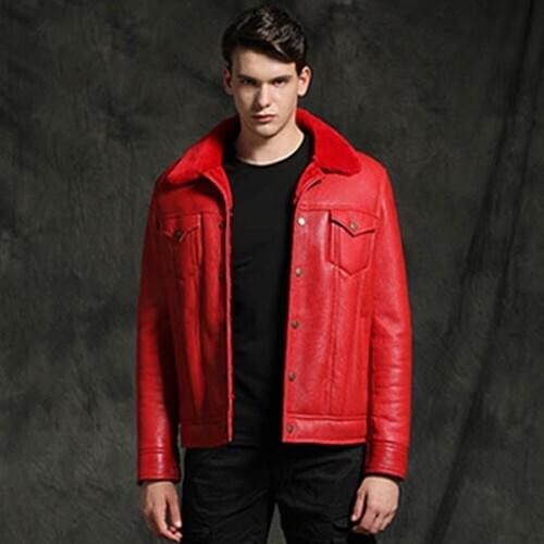 2020 New Men Red Sheepskin Fur Shearling Jackets Slim Winter Thicken Warm Soft Natural Sheepskin Leather Genuine Coats