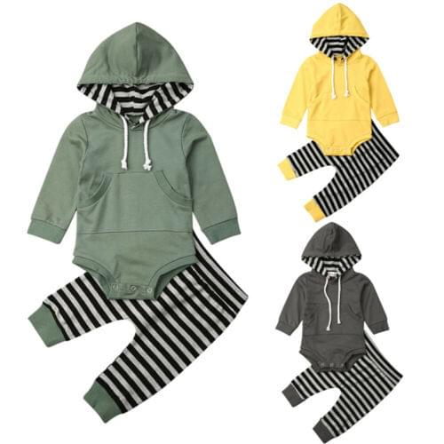 2020 Baby Spring Autumn Clothing Toddler Baby Boy Clothes Hooded Tops Long Sleeve Romper Striped+Long Pants Pocket Outfits