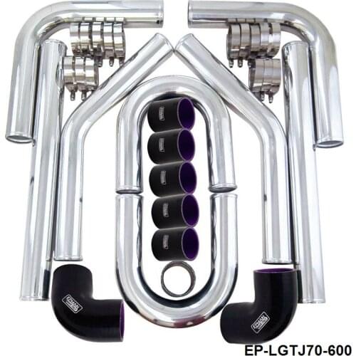 Black 2.75" 70mm Polished Aluminum FMIC Intercooler Piping Kit DIY Pipe Length:600mm For GM Chevy 67-79 EP-LGTJ70-600