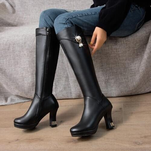 Leather Knee Boots Womens Snow Boots Design Fur Warm Winter Shoes Fashion High Heel Thigh High Boots Long Woman Footwear K5616-3