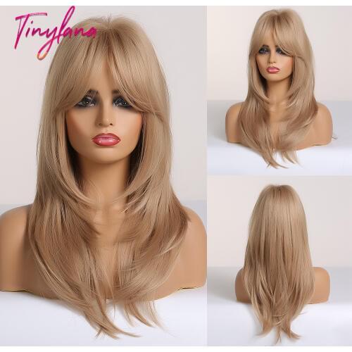 TINY LANA Ombre Brown Blonde Medium Length Straight Synthetic Wigs Layered Hairstyle Wigs with Bangs for Women African Amer
