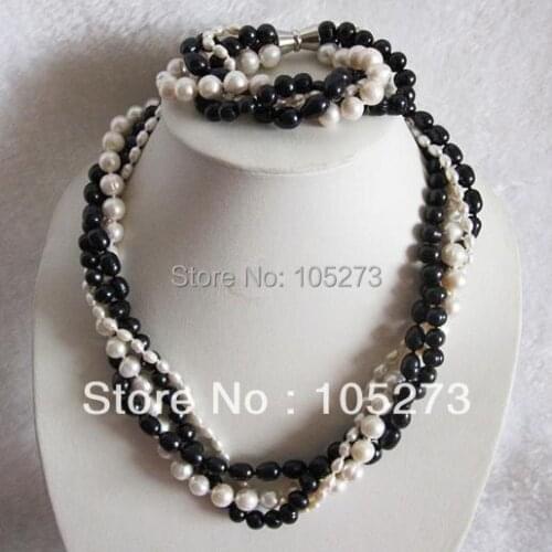 New Arriver Pearl Jewelry Set 18inch AA 4-10MM 4Row White Black Mix Natural Freshwater Pearl Necklace Bracelet New Free Shipping
