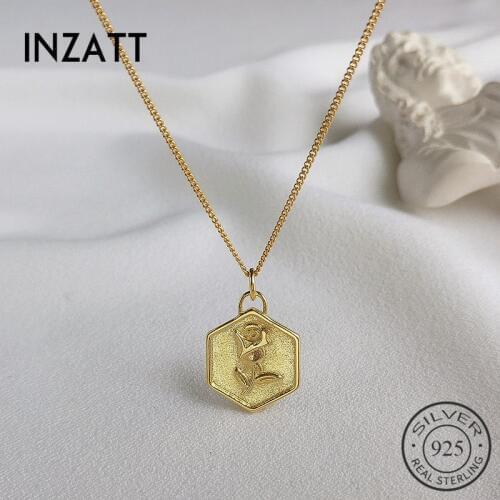 INZATT Real 925 Sterling Silver Hexagon Geometric Pendant Necklace For Fashion Women Rose Flower Cute Fine Jewelry Accessories