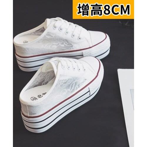 Increased Within 8 cm Canvas Shoes Womens Shoes New Summer Fall 2020 Fashion Lace Half Slippers Thick Bottom Leisure Sandals