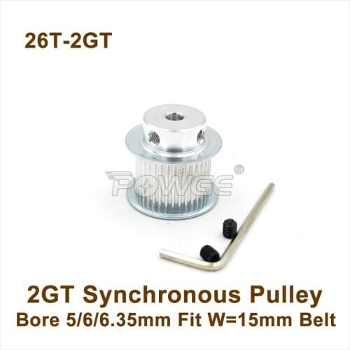 POWGE 26 Teeth 2GT Synchronous Pulley Bore 5/6/6.35mm For Width=15mm 2MGT Timing Belt 26T 26Teeth GT2 Pulley 26-2GT BF 3D Design