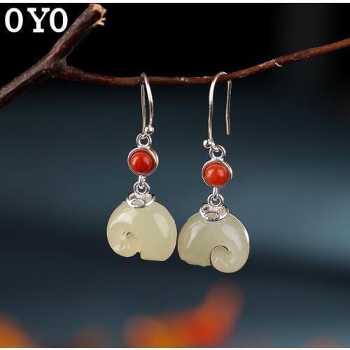 S925 sterling silver natural Hetian jade white jade inlaid with South Red Elephant personality ladies earrings free shipping