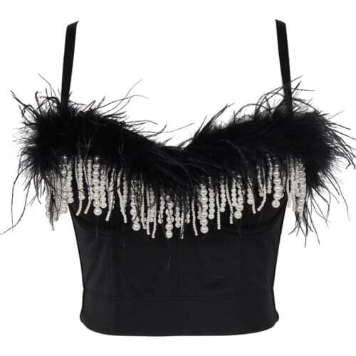 Sexy Womens Costume Bra Feathers Pearls Beads Backless Vest Cropped Top Push Up Bustier Solid Stretch Corset For Female