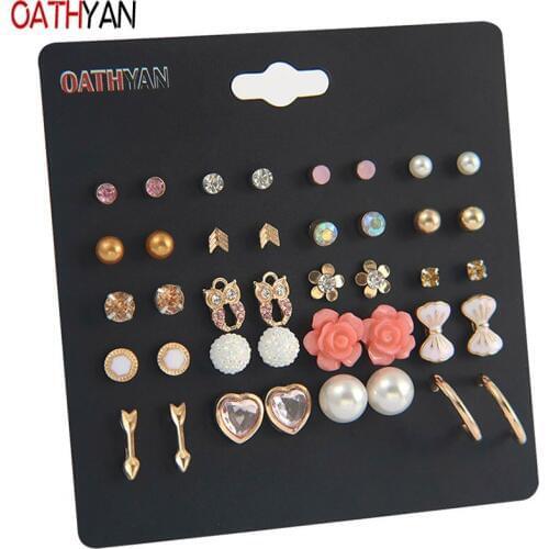 OATHYAN 20 Pairs/Set Punk Fashion Crystal Heart Stud Earrings Set For Women Mix Enamel Bow Metal Acrylic Flower Earring Jewelry