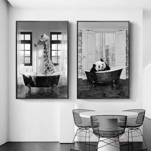 Nordic Black and White Canvas Painting Animal Posters Giraffe Panda Childrens Bathroom Wall Art Picture Decorativos Home Decor