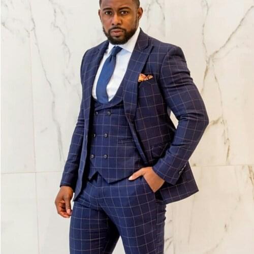 Navy Check Mens 3 Piece Suit Plus Size Classic Plaid Groom Men Business Pants Suits Tailored Fit Prom Party Wedding Tuxedos
