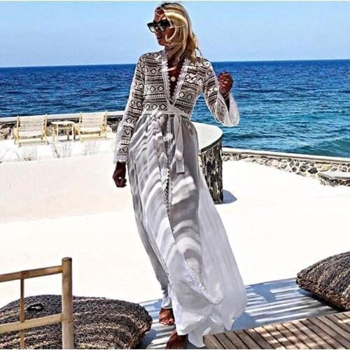 Cotton Lace Patchwork Beach Cover up Robe Plage Sexy Women Summer Casual Dress