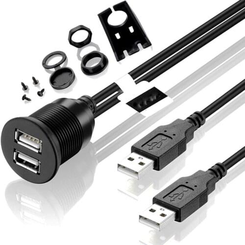 Dual USB 2.0 Male to USB 2.0 Female Extension Cable With Flush Mount Panel For Car Truck Boat Motorcycle