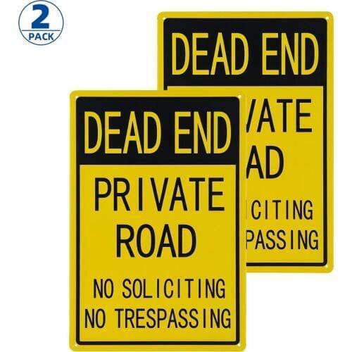 DL-2 Pack Vintage Tin Sign, Legend "Dead End Private Road No Trespassing", 12" high x 8" wide, Black on Yellow