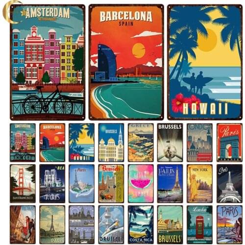 World Famous Tourist City Metal Retro Sign Paris London Classic Architecture Vintage Plaque Decor Bar Pub Club Cafe Wall Sticker