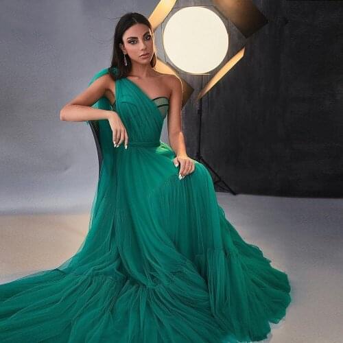 BridalAffair Green One Shoulder Prom Dresses Cape Sleeve Ruffled Tulle A-Line Wedding Guest Dresses Open Back Formal Party Gowns
