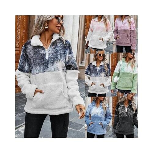 Womens Autumn And Winter Thickened Aarm Fannel Jacket Stitching Tops Womens Pullovers Casual Lapel Hoodies Pocket Zipper Tops