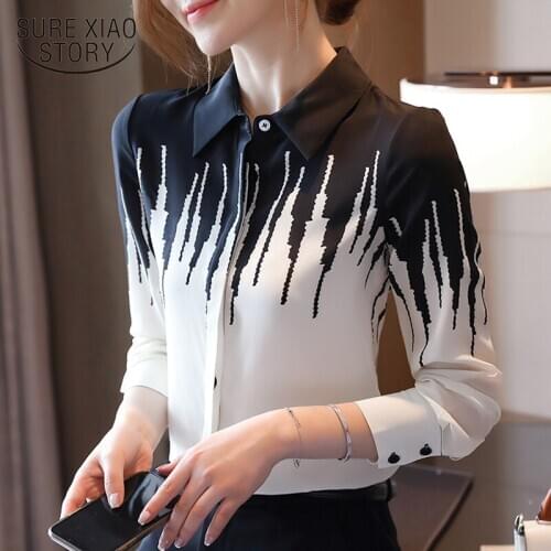 2021 Office Lady Long Sleeve Button Cardigan Women Shirts Autumn Black And White Chiffon Blouse Women Print Ladies Clothes 11052